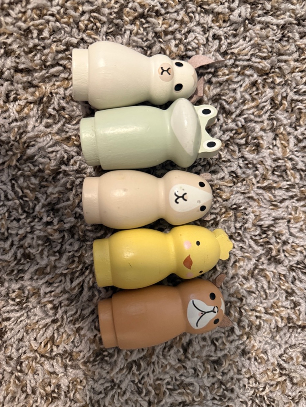 Set of 6 Pastel Animal Peg Dolls - Yellow, Green, Beige, Brown